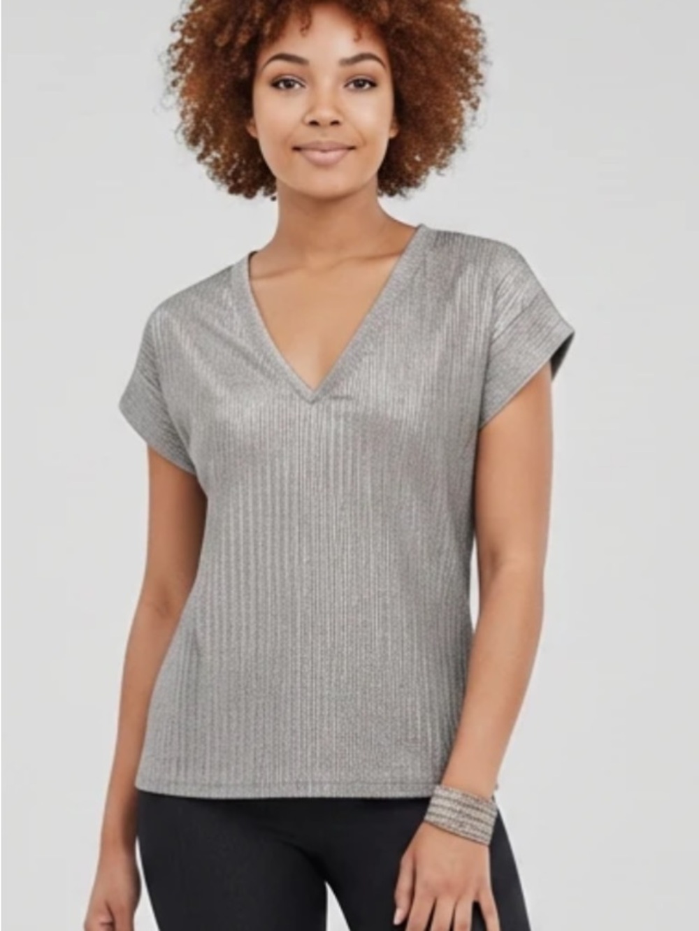 White House Black Market Silver Ribbed V-Neck Tee